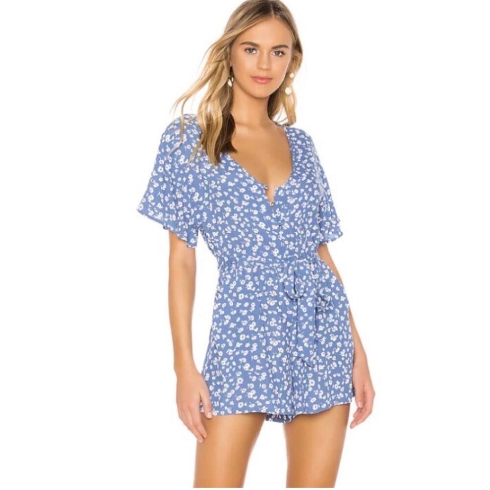Rails Blue and White Boho Floral Short Sleeve Tie Waist Romper Rayon Small EUC